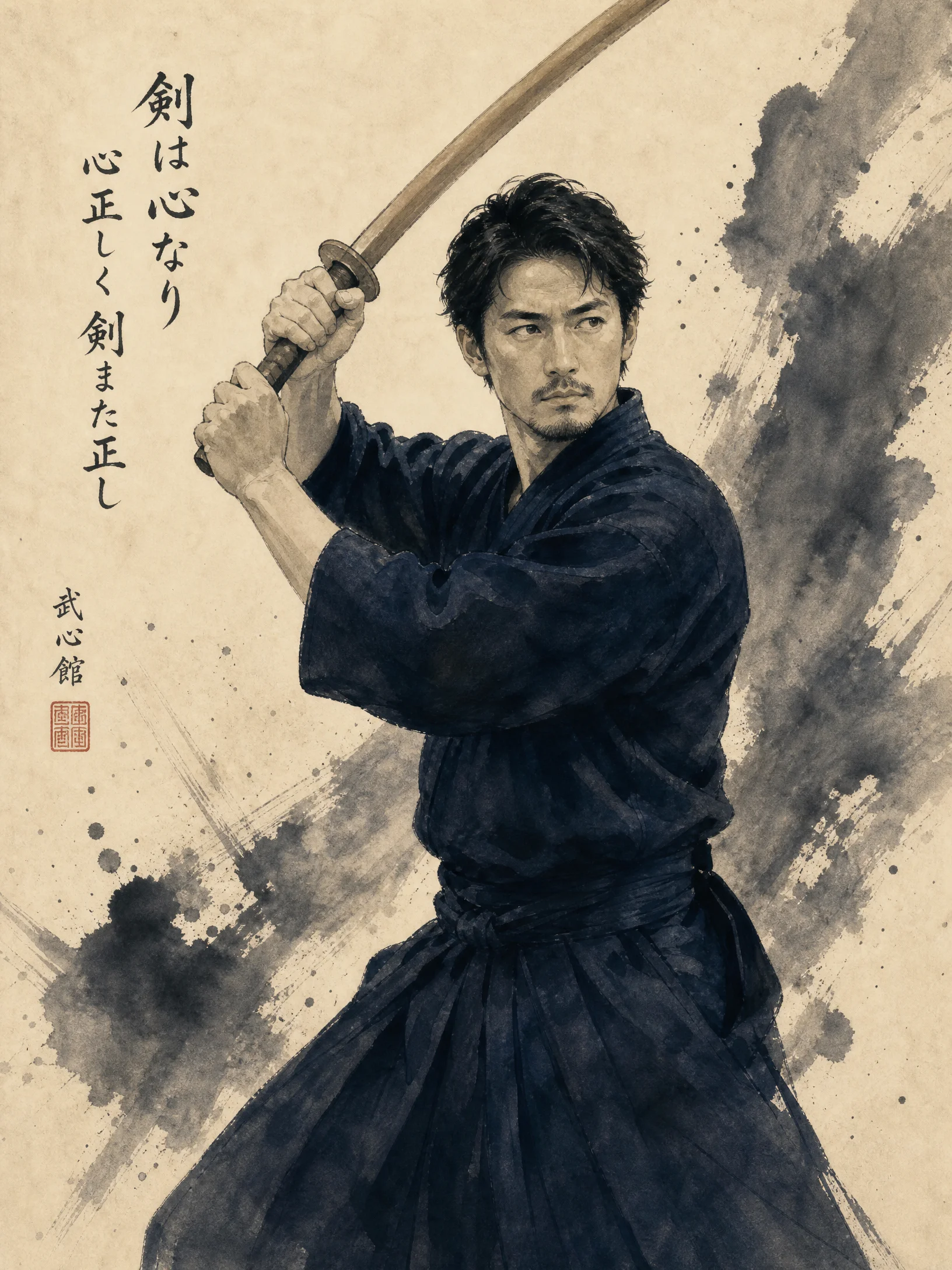 青年剑道指导​员水墨风肖像