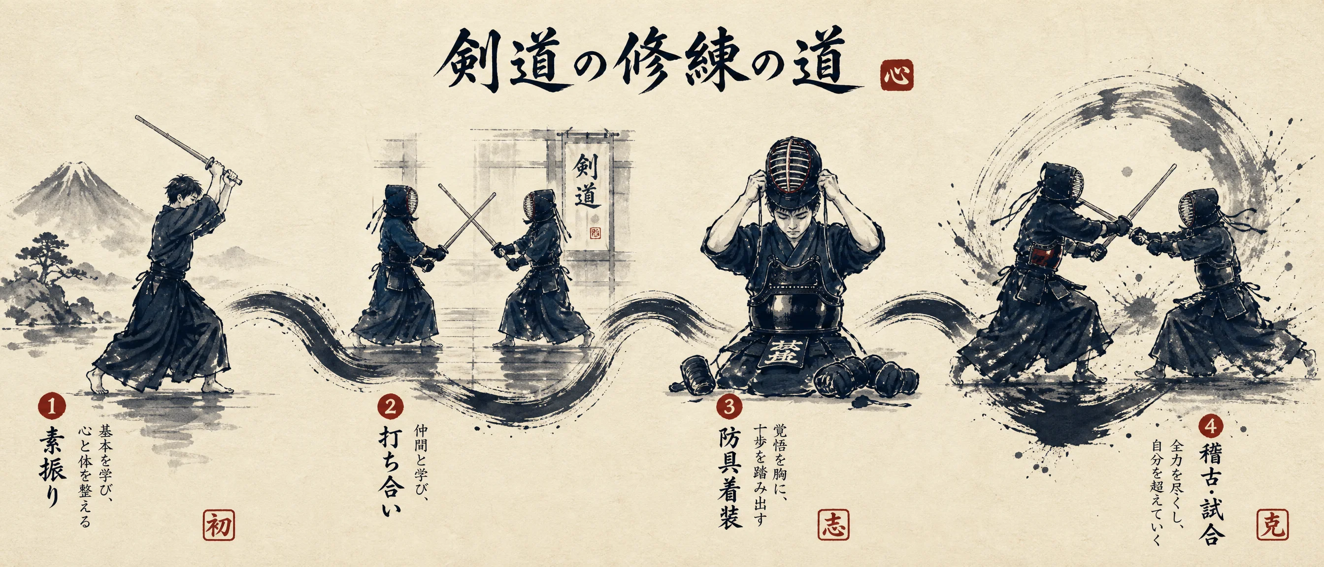剑‌道修行历程水墨时间轴插画